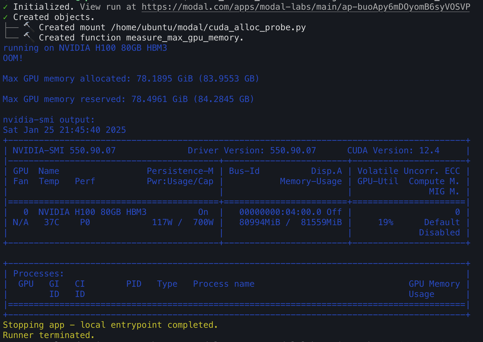 Screenshot of my terminal showing the logs from an interactive `modal run` of the above Modal script.