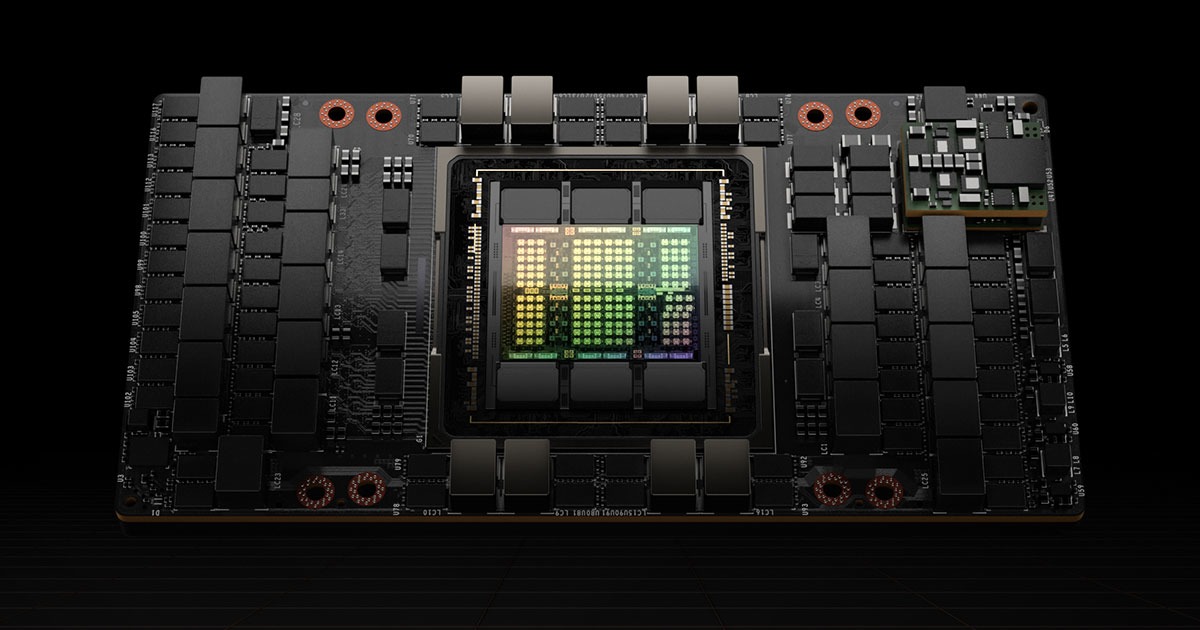 An image of an NVIDIA H100 GPU.