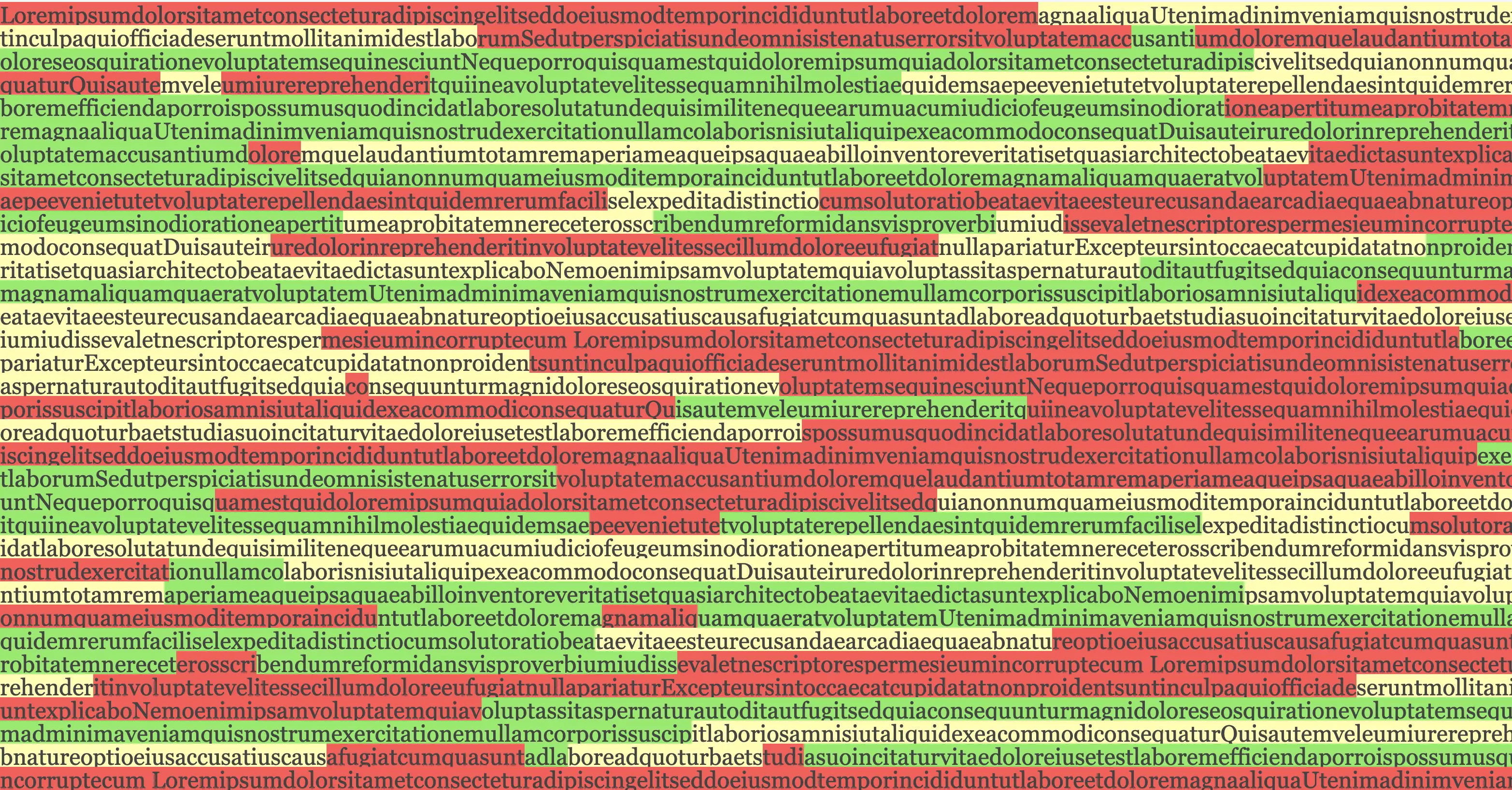 Lorem Ipsum text with redaction and red/green coloring.